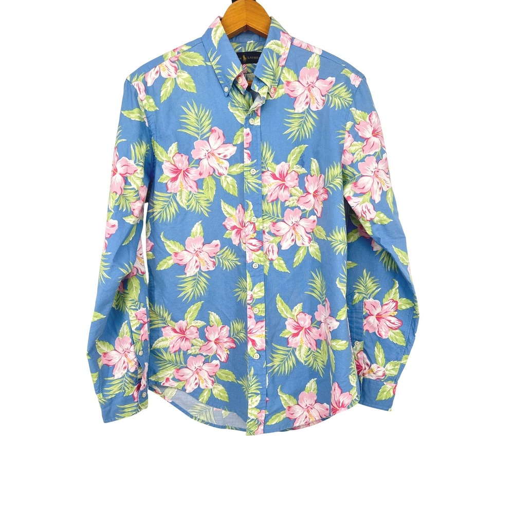 Ralph Lauren Button Down Men S Blue Floral Hibiscus Hawaiian Tropical Coastal